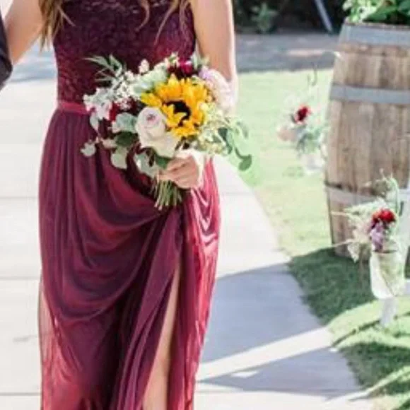 David's Bridal One-Shoulder Lace Dress in Burgundy - Picture 5 of 6